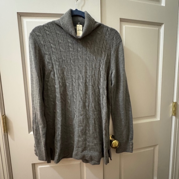 NWT Talbots grey heather cable turtleneck with buttons on sleeves L - Picture 1 of 7
